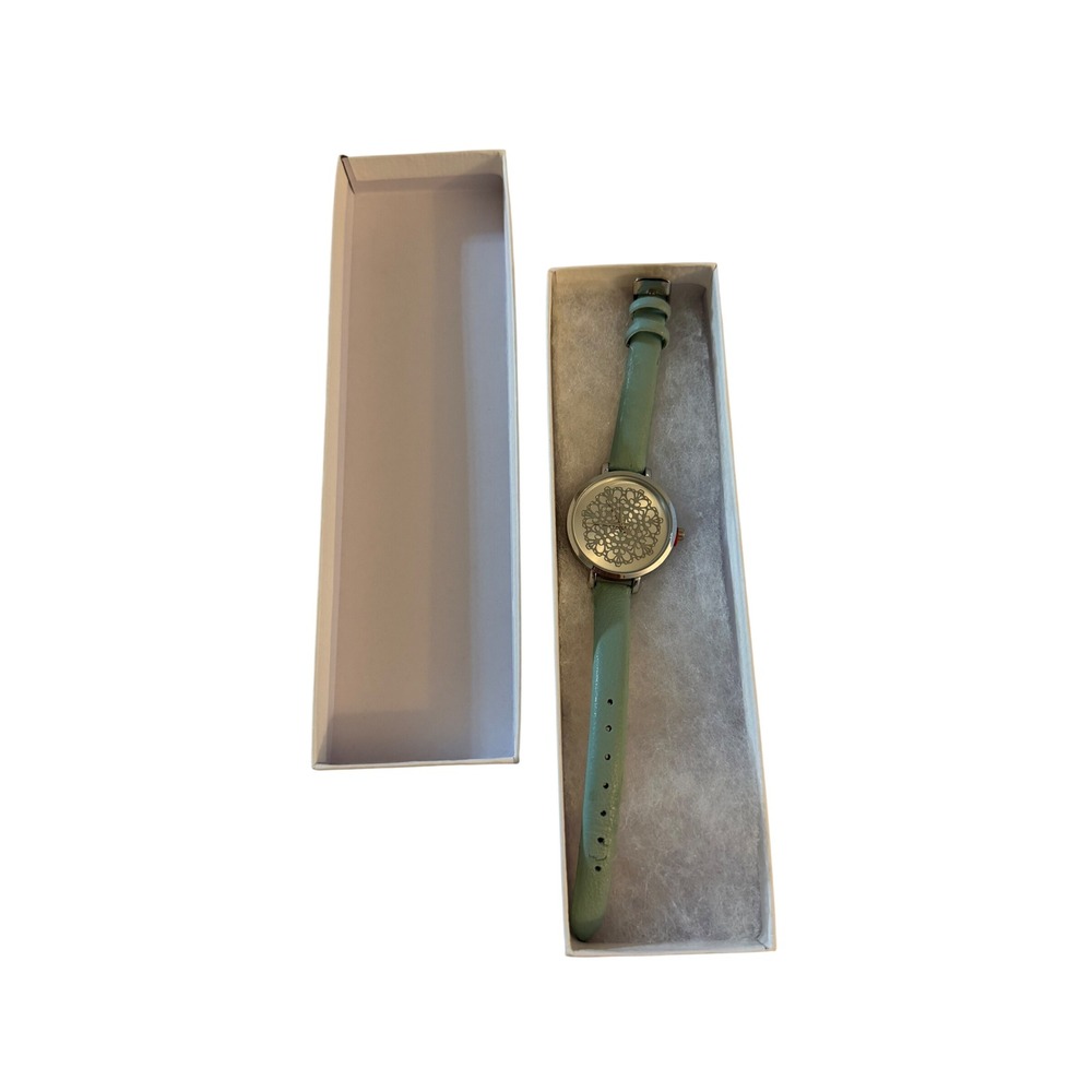 Filigree Mandala Dial Watch Mint Green Faux Leather Band Stainless Steel Back